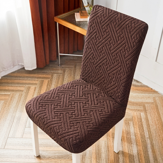Brown China Mazed chair cover with stretchable fabric for a snug fit on standard chairs, soft and durable material