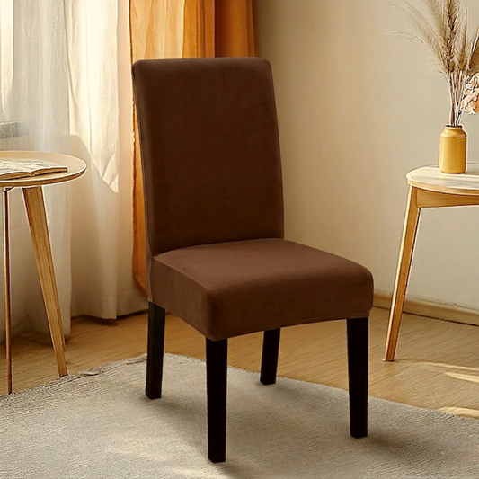 Brown fitted jersey chair cover with stretchable fabric and elastic edges for a snug fit on standard chairs