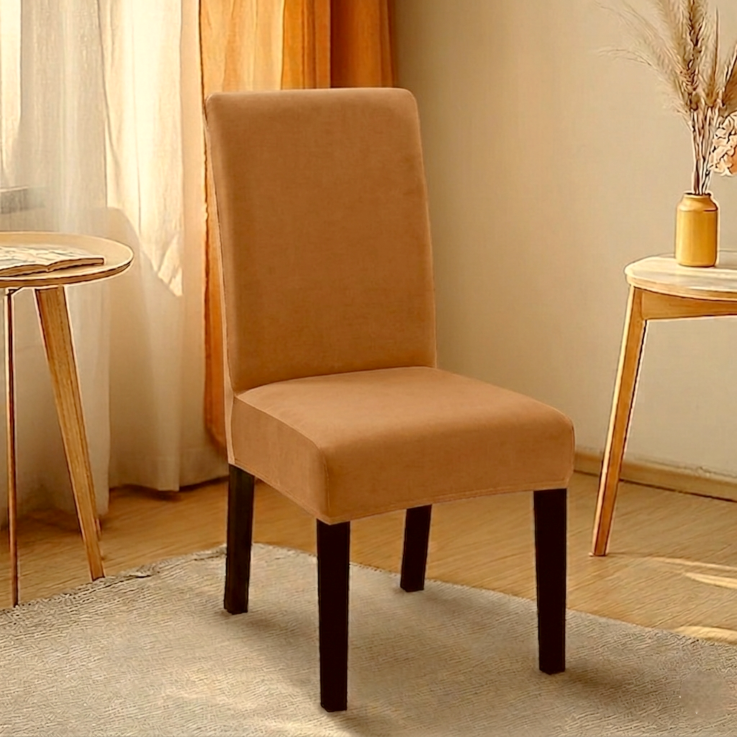Chikoo fitted jersey chair cover with stretchable fabric and elastic edges for a snug fit on standard chairs