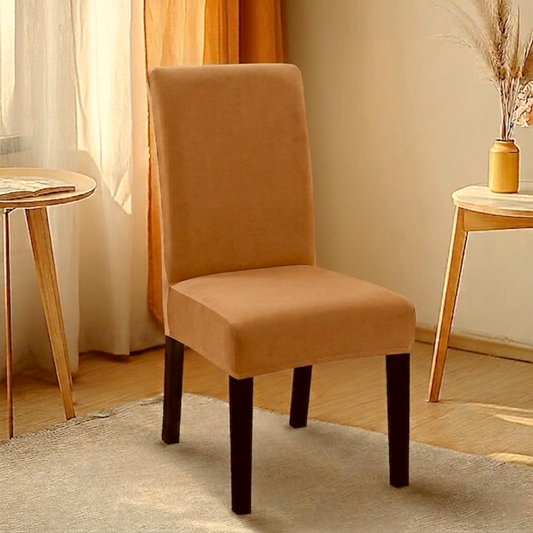 Chikoo fitted jersey chair cover with stretchable fabric and elastic edges for a snug fit on standard chairs