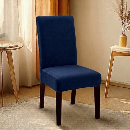 Navy blue fitted jersey chair cover with stretchable fabric and elastic edges for a snug fit on standard chairs