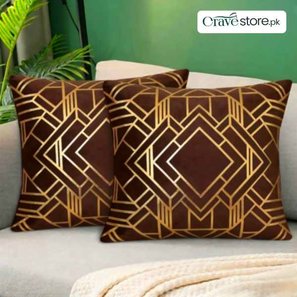 Geometric Foil Print Velvet Cushion Cover Brown for Sofa and Home Décor