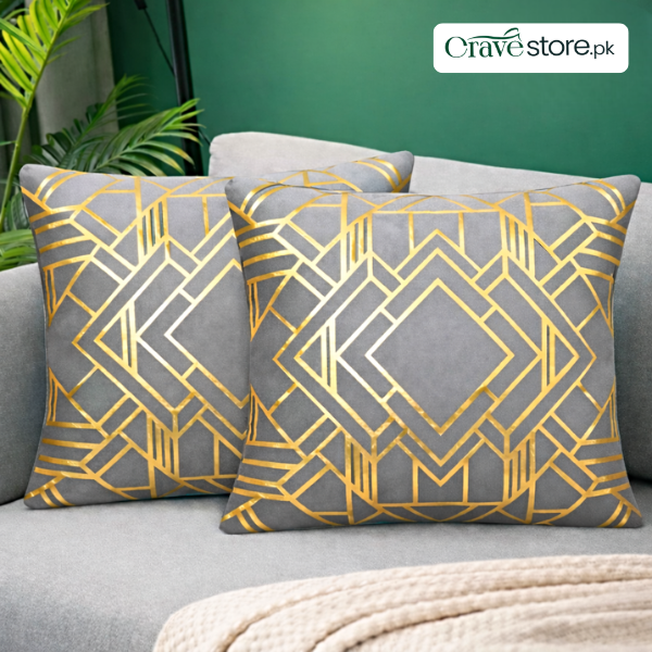 Geometric Foil Print Velvet Cushion Cover Grey for Sofa, Bed and Home Décor