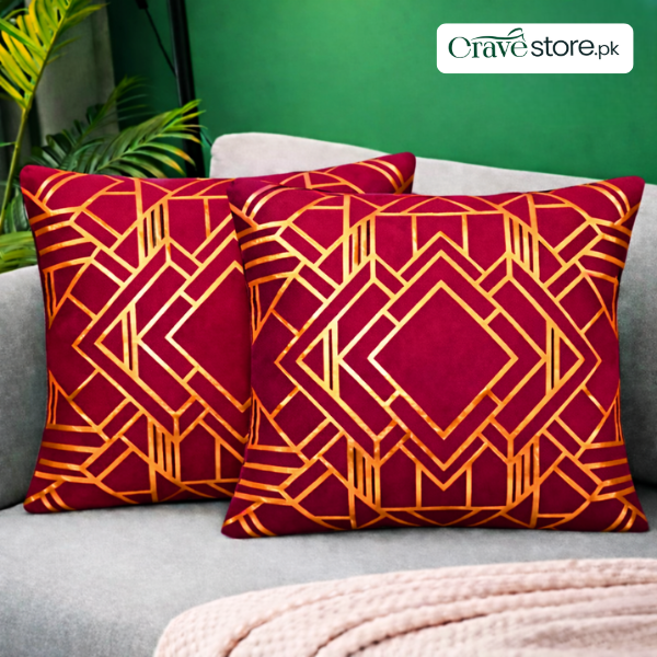 Geometric Foil Print Velvet Cushion Cover - Maroon