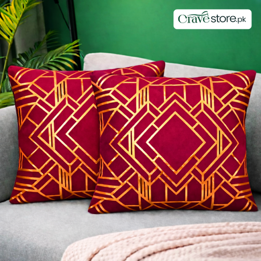 Geometric Foil Print Velvet Cushion Cover - Maroon