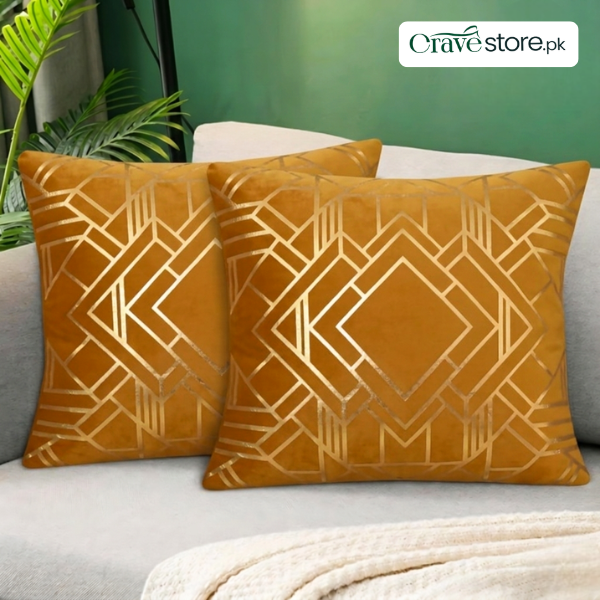 Geometric Foil Print Velvet Cushion Cover Mustard for Sofa, Bed and Home Décor