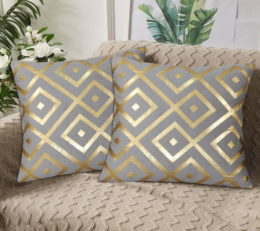Geometric Diamond Foil Velvet Cushion Cover Grey with Foil Pattern for Sofa and Home Décor