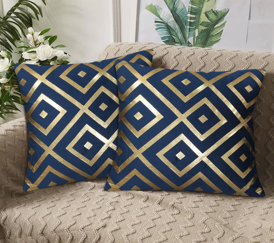 Geometric Diamond Foil Velvet Cushion Cover Navy Blue with Foil Pattern for Sofa and Home Décor
