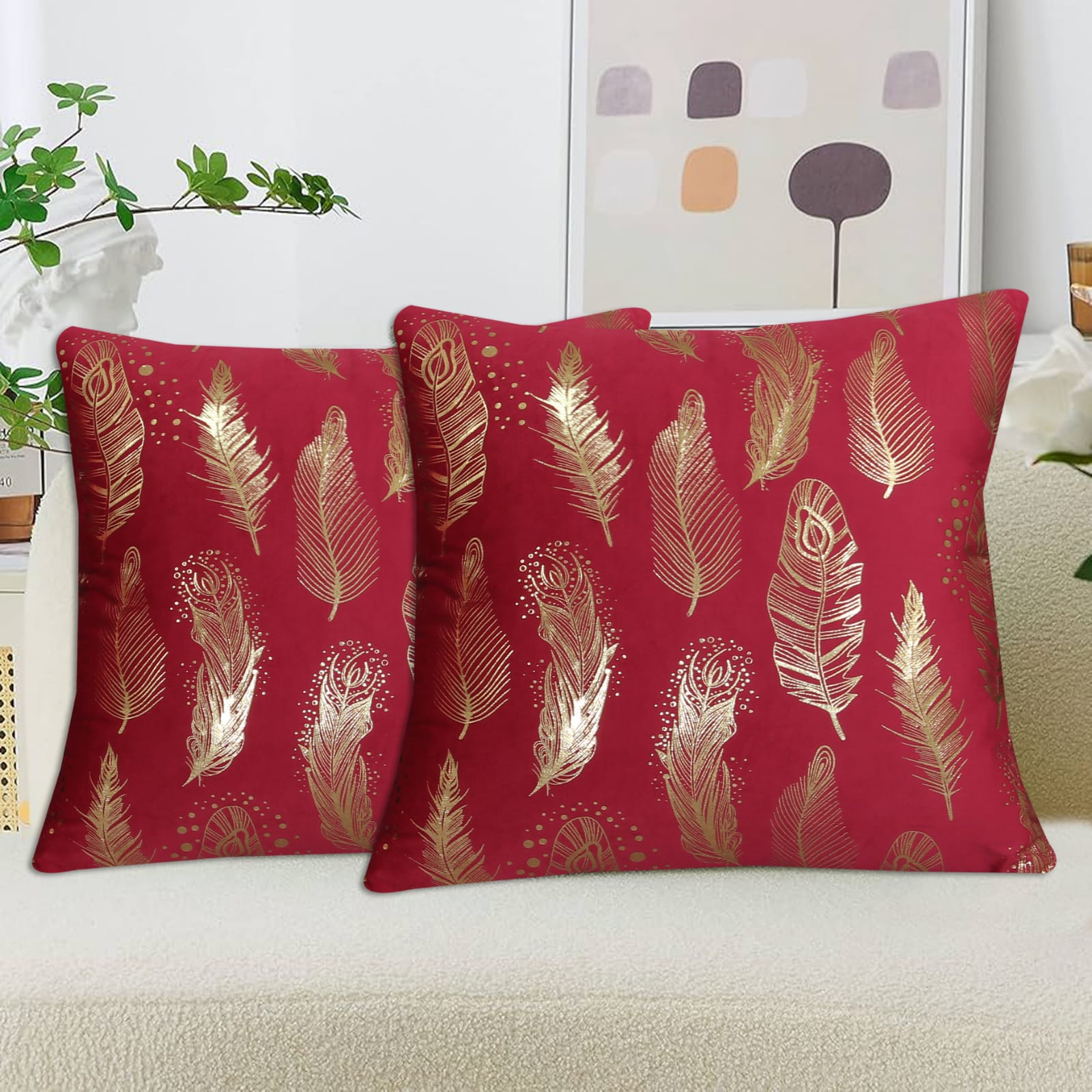 Gold Feather Printed Velvet Cushion Cover Maroon with gold feather design for sofa and home décor.