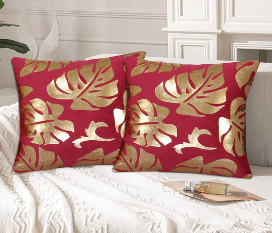 Gold Foil Monstera Leaf Velvet Cushion Cover Maroon with gold foil monstera leaf design for sofa and home décor.