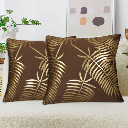 Gold Foil Palm Leaf Velvet Cushion Cover Brown with Gold Foil Palm Leaf Design for Sofa and Home Decor.