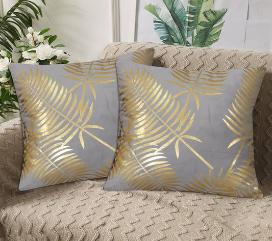 Gold Foil Palm Leaf Velvet Cushion Cover Grey with gold foil palm leaf design for sofa and home décor.