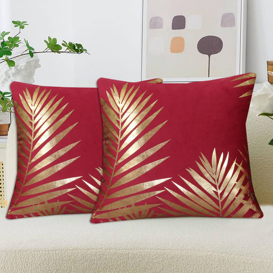 Gold Foil Palm Leaf Velvet Cushion Cover Maroon with Gold Foil Palm Leaf Design for Sofa and Home Decor.
