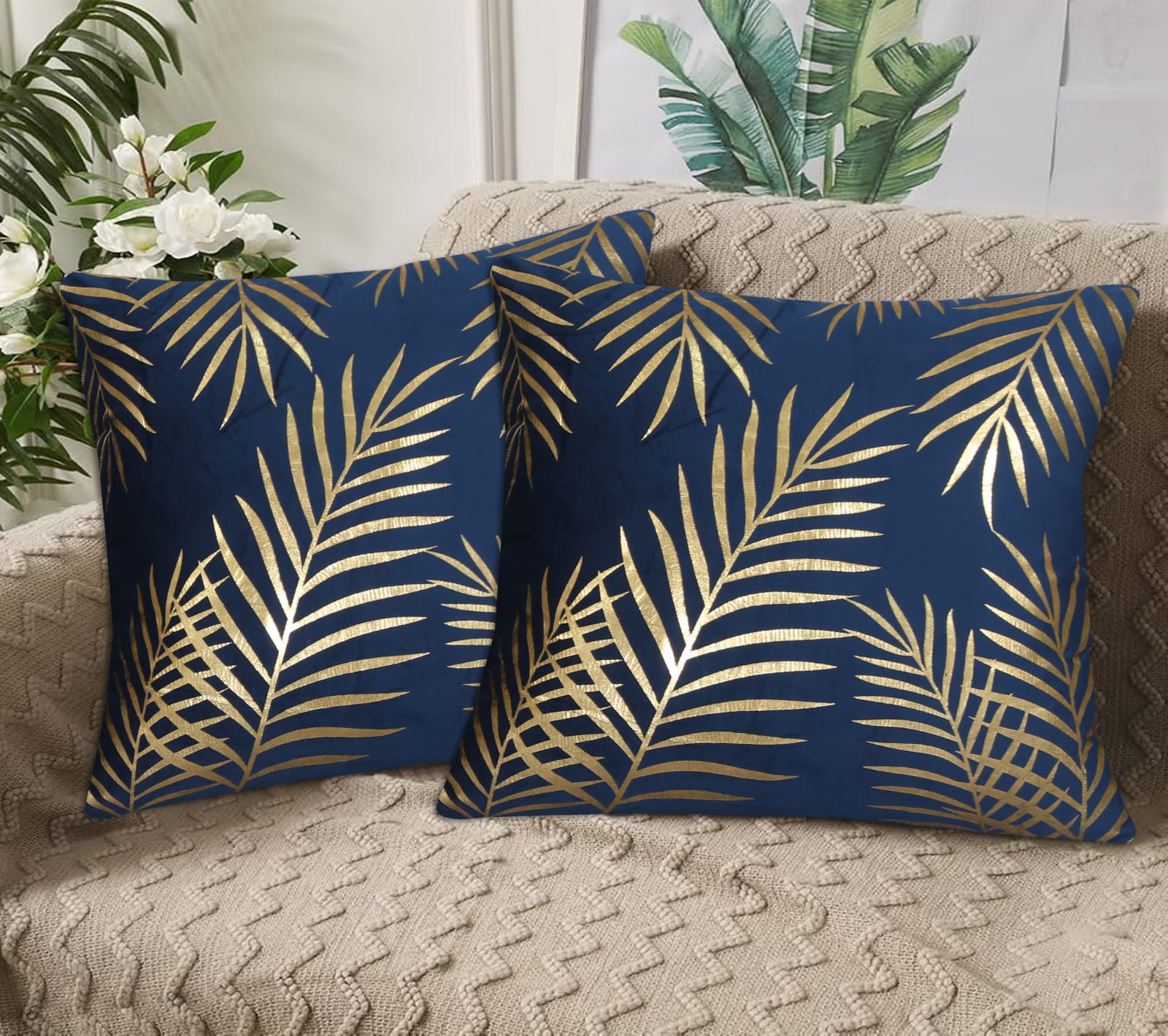 Gold Foil Palm Leaf Velvet Cushion Cover Navy Blue with gold foil palm leaf design for sofa and home décor.