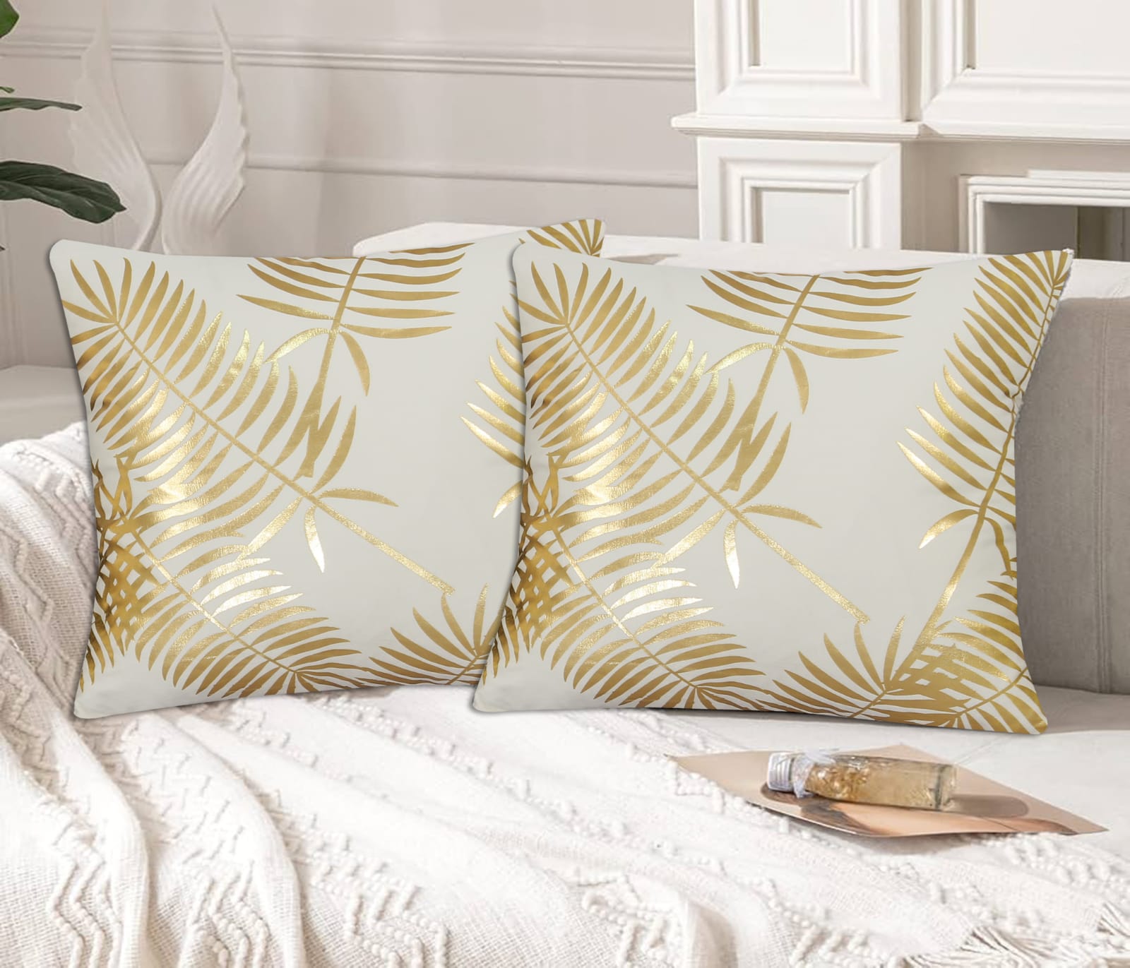 Gold Foil Palm Leaf Velvet Cushion Cover Off White with Gold Foil Palm Leaf Design for Sofa and Home Decor.