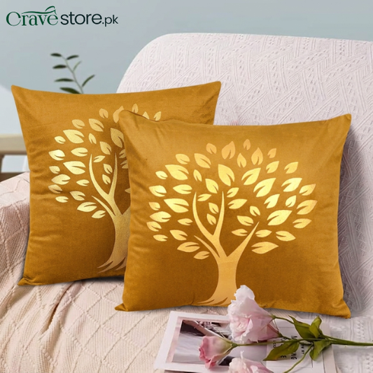 Golden Tree of Life Velvet Cushion Cover Mustard with Golden Print for Sofa and Home Décor