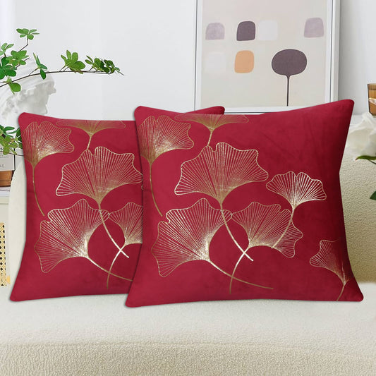 Golden Ginkgo Leaf Velvet Cushion Cover Maroon with golden ginkgo leaf design for sofa and home décor.