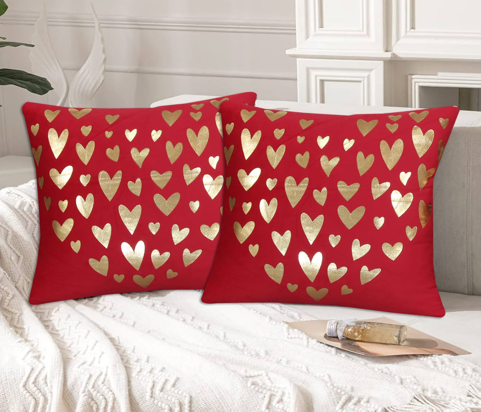 Golden Heart Foil Velvet Cushion Cover - Maroon