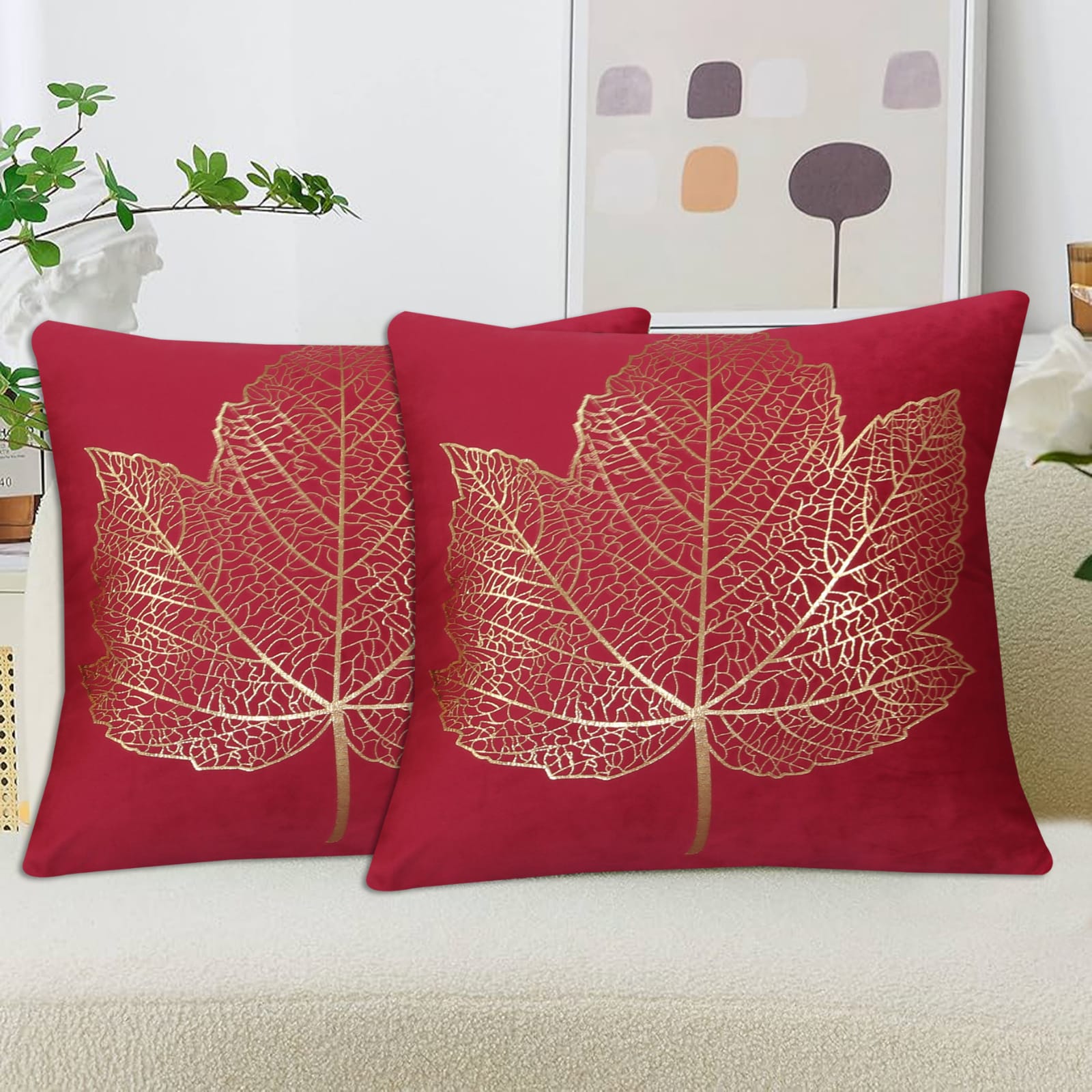 Golden Maple Leaf Velvet Cushion Cover Maroon with golden maple leaf design for sofa and home décor.
