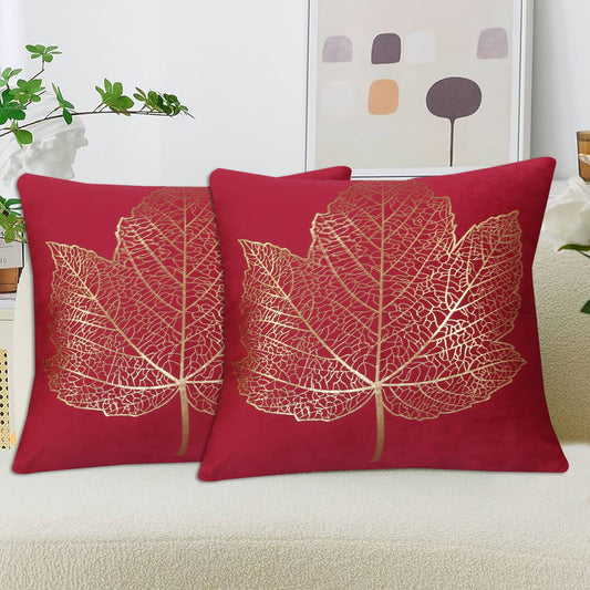 Golden Maple Leaf Velvet Cushion Cover Maroon with golden maple leaf design for sofa and home décor.