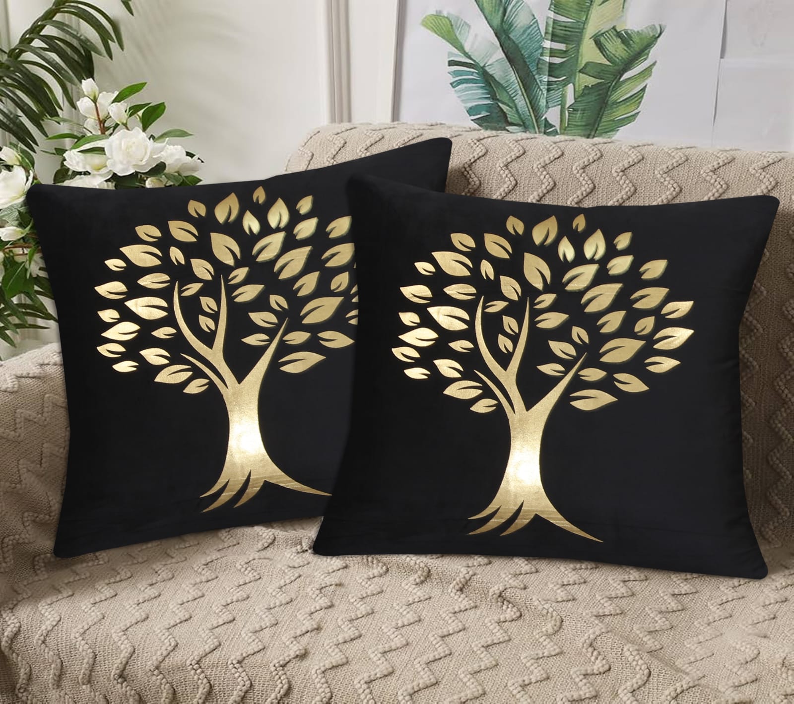 Golden Tree of Life China Velvet Cushion Cover – Black
