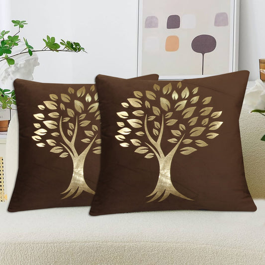 Golden Tree of Life Velvet Cushion Cover -  Brown