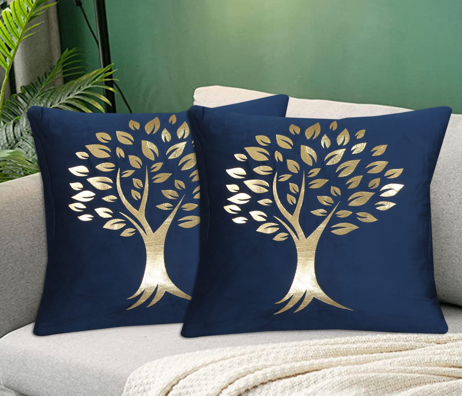 Golden Tree of Life Velvet Cushion Cover Navy Blue with Golden Print for Sofa and Home Décor