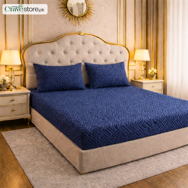 Imported Fitted Bedsheet Set China Mazed Navy Blue - King Size