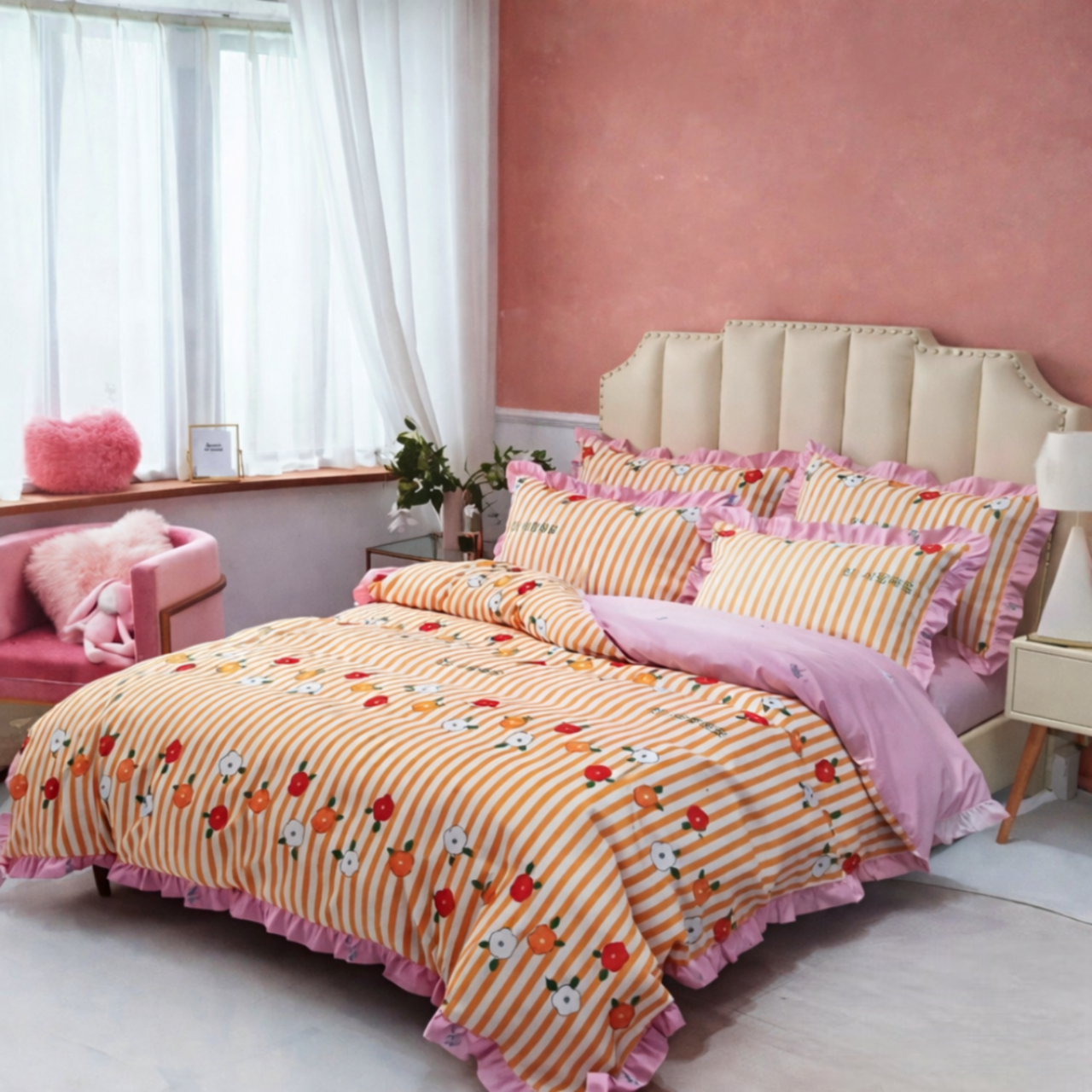 King Size Duvet Set 4 Pcs Baby Pink Floral – Quilt Cover, Bed Sheet & Pillow Covers