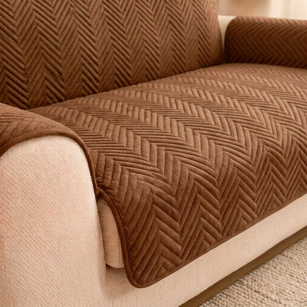 L Shape Waterproof Zigzag Ultrasonic Quilted Sofa Cover Coffee