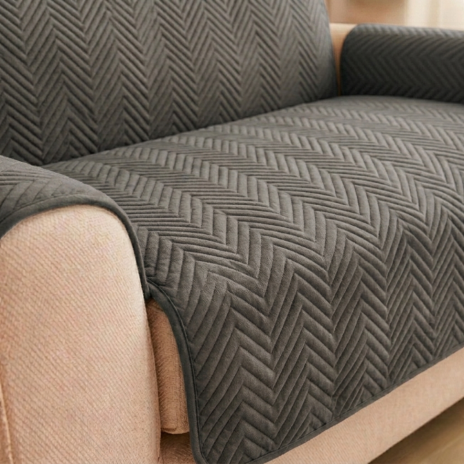 L Shape Waterproof Zigzag Ultrasonic Quilted Sofa Cover Grey