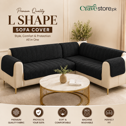 L Shape Zigzag Ultrasonic Quilted Sofa Cover Black