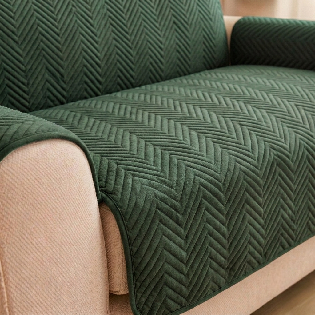 L Shape Zigzag Ultrasonic Quilted Sofa Cover Green