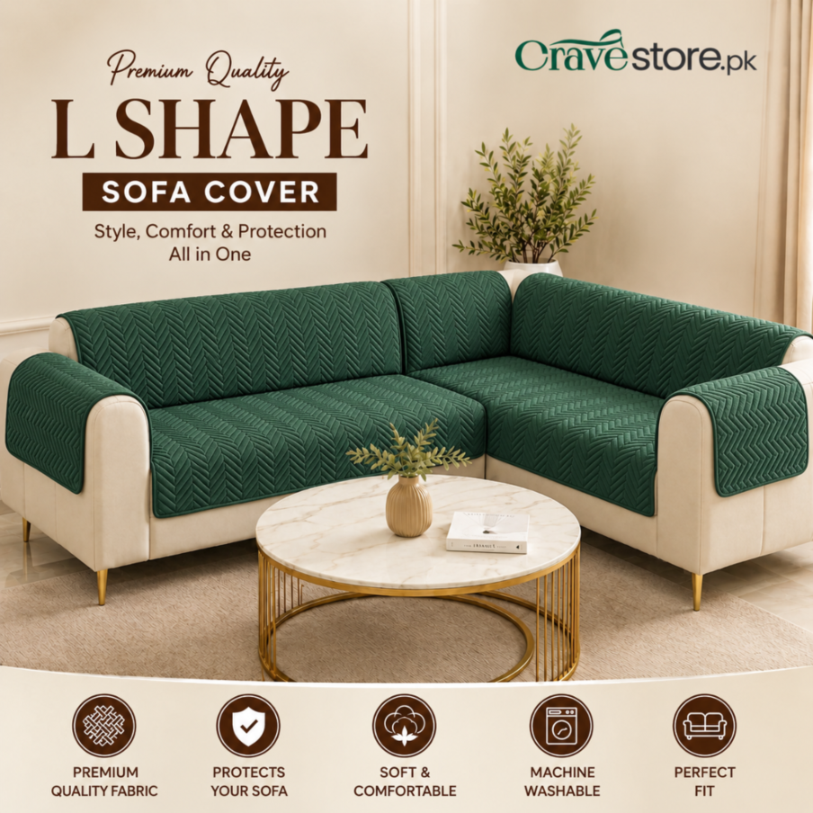 L Shape Zigzag Ultrasonic Quilted Sofa Cover Green