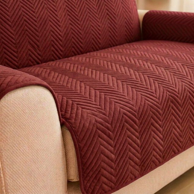 L Shape Zigzag Ultrasonic Quilted Sofa Cover Maroon
