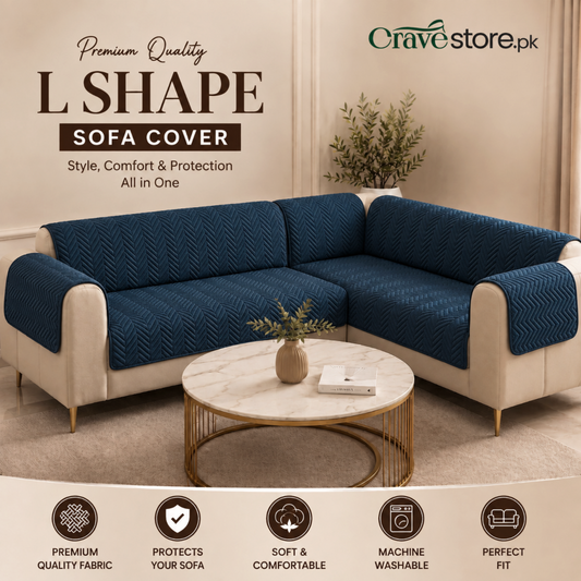 L Shape Zigzag Ultrasonic Quilted Sofa Cover Navy Blue