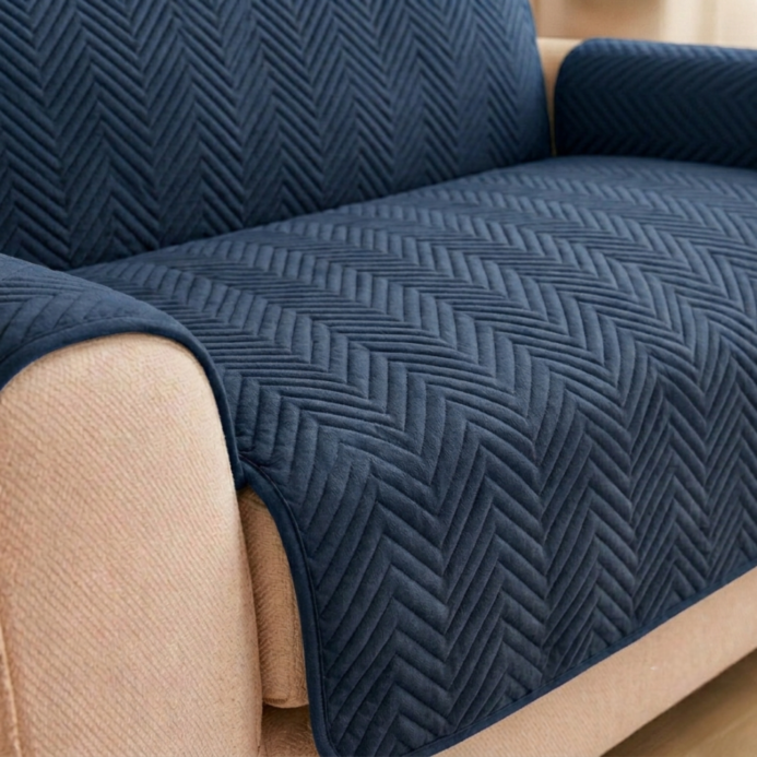 L Shape Zigzag Ultrasonic Quilted Sofa Cover Navy Blue