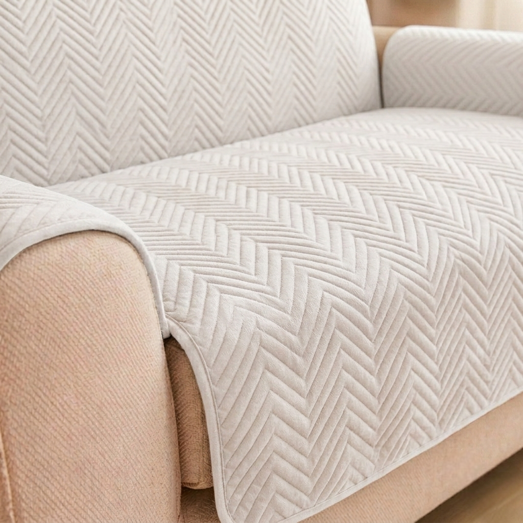 L Shape Zigzag Ultrasonic Quilted Sofa Cover White
