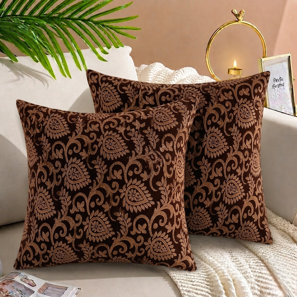 Luxury Embossed Jacquard Cushion Cover Brown 16x16 sofa cushion cover with embossed design and hidden zipper.