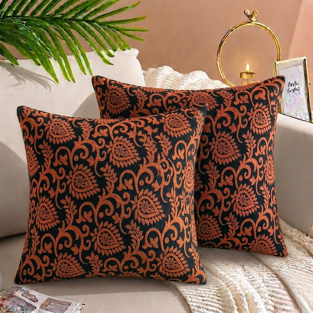 Luxury Embossed Jacquard Cushion Cover Copper 16x16 sofa cushion cover with embossed design and hidden zipper.