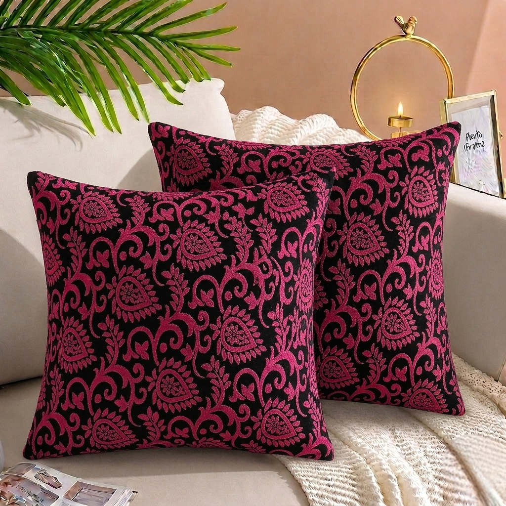 Luxury Embossed Jacquard Cushion Cover Maroon 16x16 sofa cushion cover with embossed design and hidden zipper.