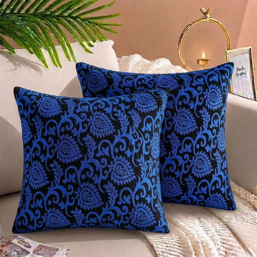 Luxury Embossed Jacquard Cushion Cover Navy Blue 16x16 sofa cushion cover with embossed design and hidden zipper.