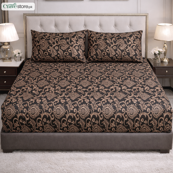 Luxury embossed jacquard fitted bedsheet brown king size with 2 pillow covers