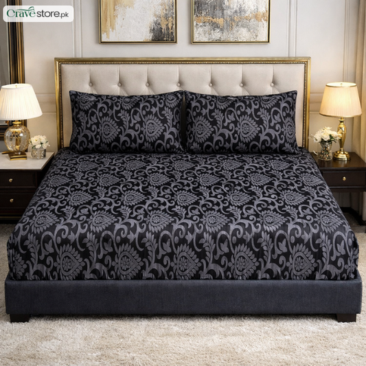 Luxury embossed jacquard fitted bedsheet gray king size with 2 pillow covers