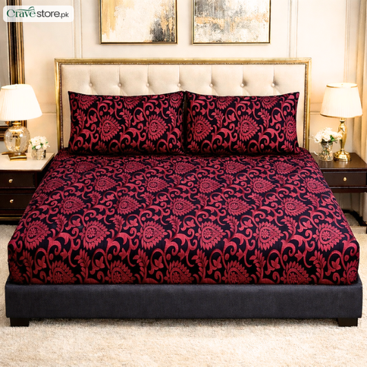 Luxury embossed jacquard fitted bedsheet maroon king size with 2 pillow covers