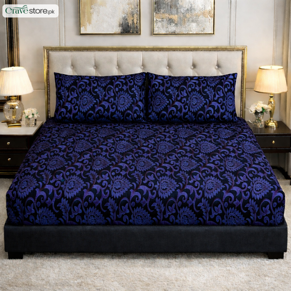 Luxury embossed jacquard fitted bedsheet navy blue king size with 2 pillow covers