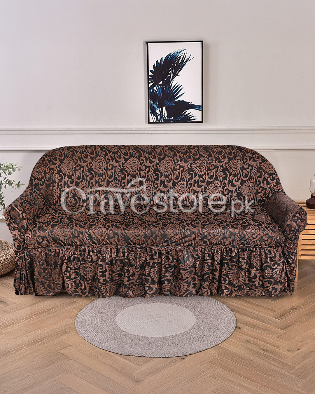 Brown luxury embossed jacquard sofa cover on modern living room sofa