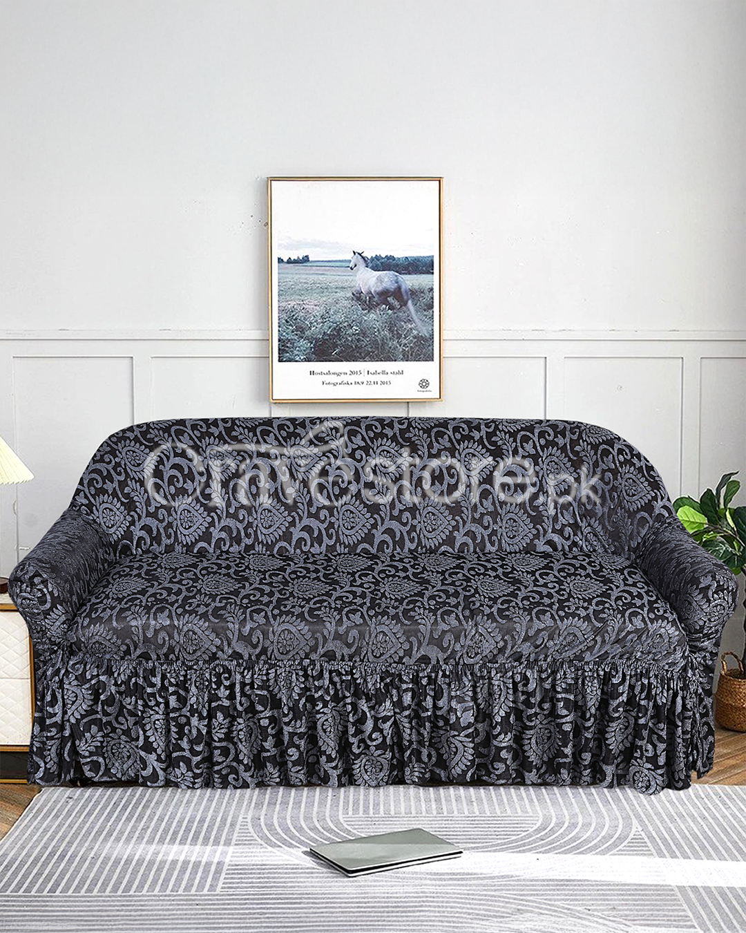 Gray luxury embossed jacquard sofa cover on living room sofa