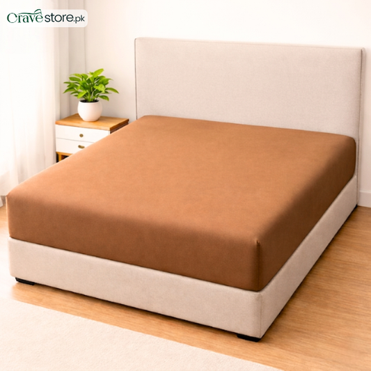 Chikoo lycra jersey fitted mattress cover with stretchable fabric and elastic edges for a snug wrinkle-free fit on mattress