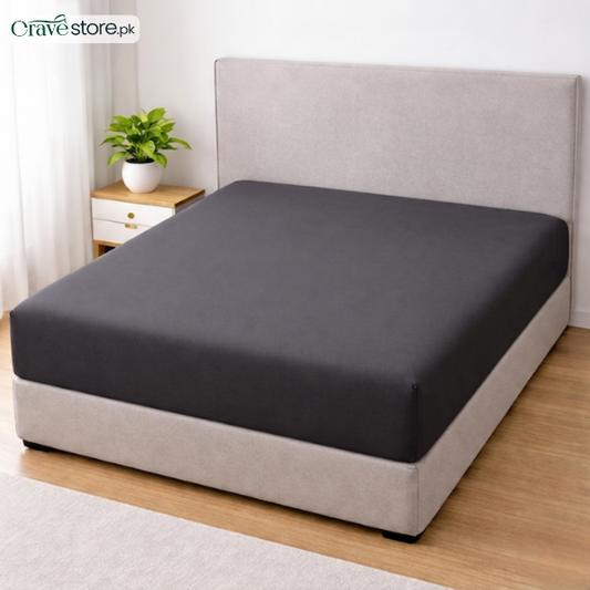 Dark grey lycra jersey fitted mattress cover with stretchable fabric and elastic edges for a snug wrinkle-free fit on mattress
